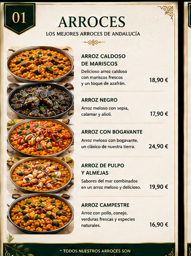 Página de la carta REA — sección de arroces
